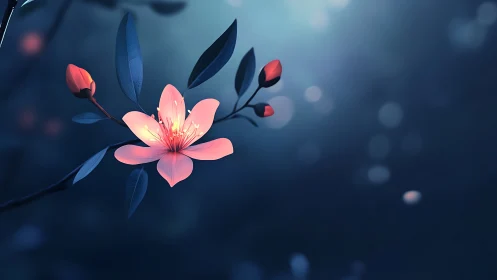 Pink Blooms Against Deep Blue Nocturnal Background.