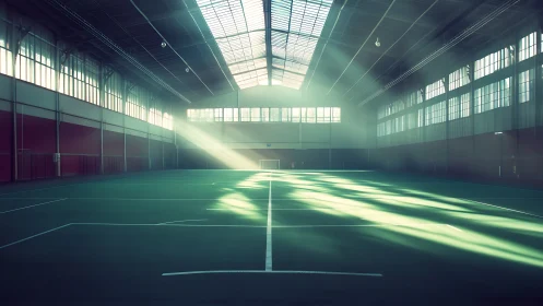 Sunlit indoor court pauses, holding its breath before play