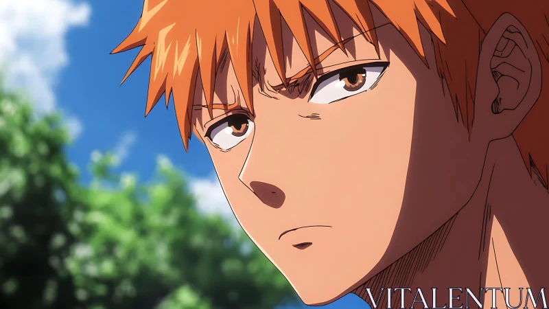 Orange-haired anime hero under a restless summer sky.