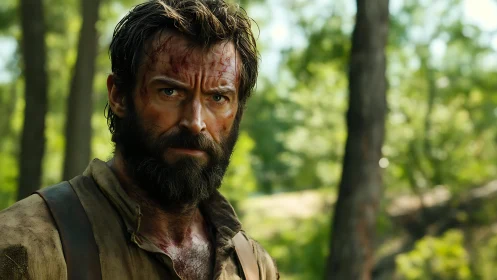Battle-scarred woodsman studies the forest with quiet fury