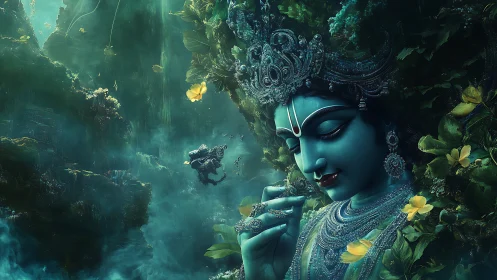 Blue divine figure in lush mystical forest setting.