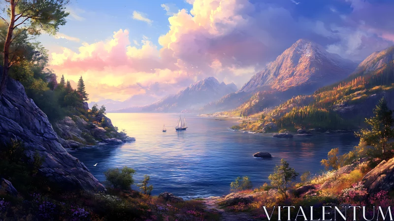 Sunlit alpine lake with sailboats and glowing peaks.