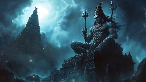 Divine blue Shiva overlooks a storm-lit ancient temple city