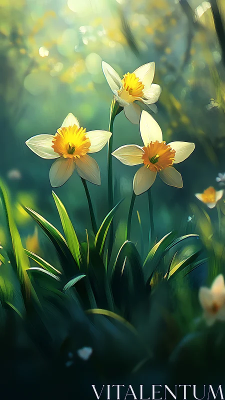 Spring Daffodils in Soft Bokeh Garden Light