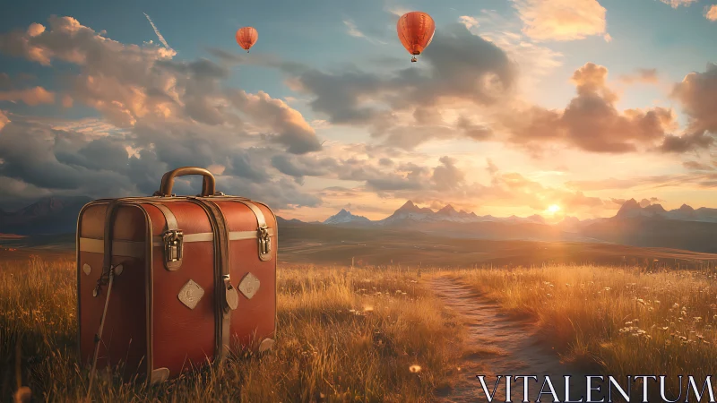 Sunlit leather suitcase on prairie trail with stratified clouds.