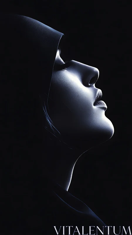 Hooded woman in luminous profile embraces quiet darkness