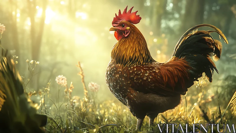 Photorealistic Rooster Portrait in Pastoral Meadow with Golden Light