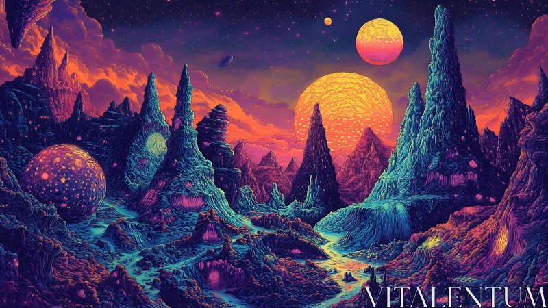 Neon twin suns ignite a crystalline alien valley in bloom.