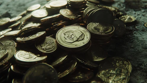 Gleaming coin hoard spilling across a weathered stone table.
