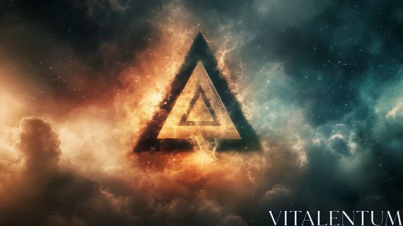 Glowing nested triangle portal suspended in a high-contrast nebula field