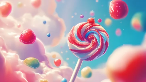 Vibrant Lollipop Sphere Suspended Among Floating Candy Spheres in Dreamy Sky.