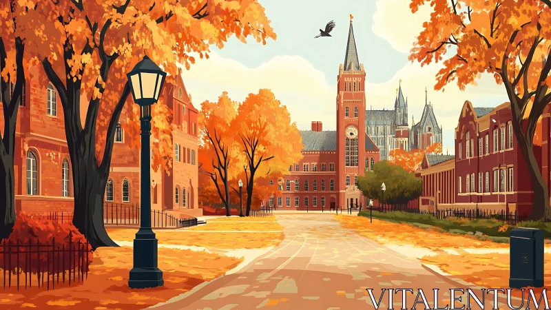 Autumn campus quad with redbrick clocktower and lanterns.