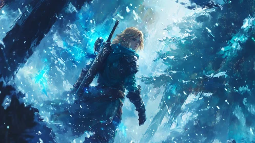 Lone swordfighter enters glowing frozen forest storm.