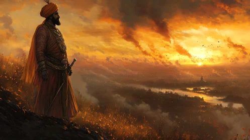 Turbaned figure surveys river valley under dense sunset sky