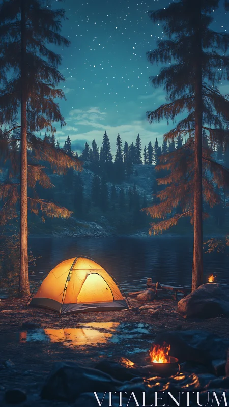 Starlit forest campsite glows warmly beside a calm lake