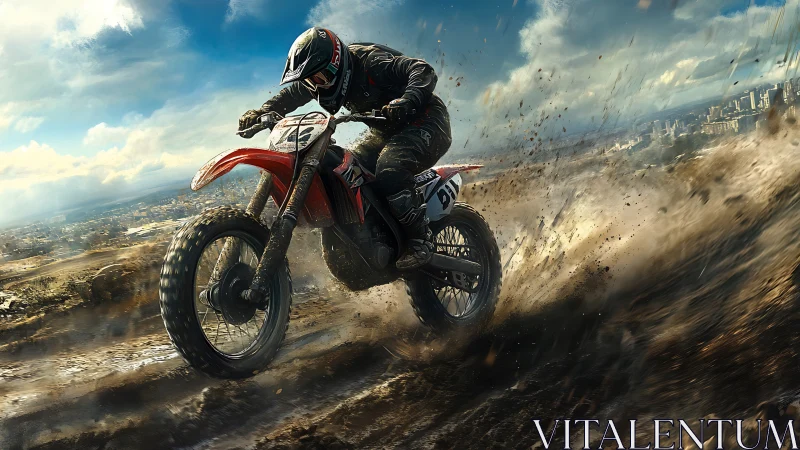 Motocross racer carves muddy track under stormy sky.