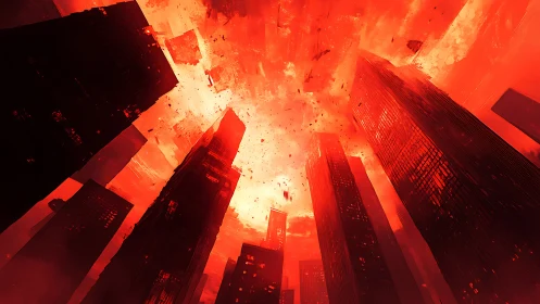 Fiery red city skyline rises into a dramatic glowing storm