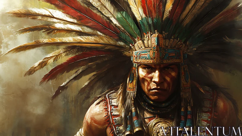 Warrior portrait in ornate feathered headdress, digital realism