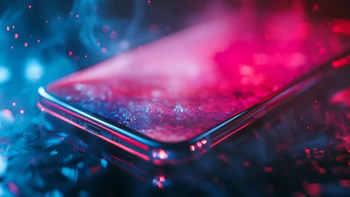 Edge-lit smartphone in bokeh-rich neon vapor with shallow depth