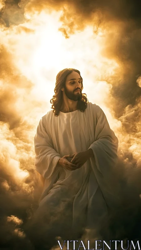 Backlit robed figure emerges from volumetric clouds in warm halo