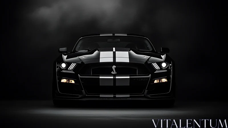 Frontally lit black muscle car with dual racing stripes rendered.