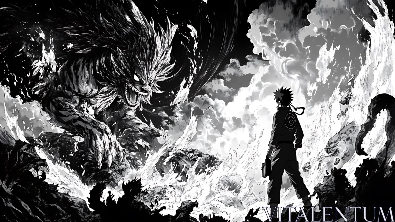 Monochrome anime warrior confronting colossal raging beast.
