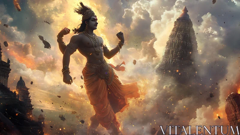 Mythic warrior strides through clouds and ruined temples.