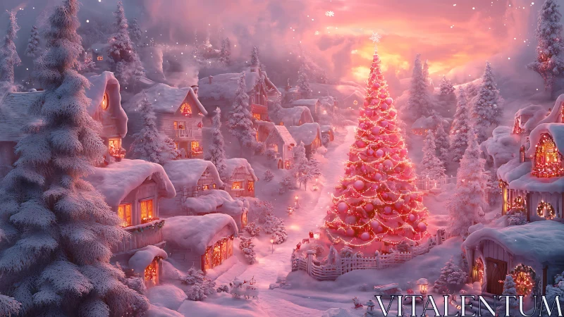 Snowy village square with glowing pink Christmas tree.