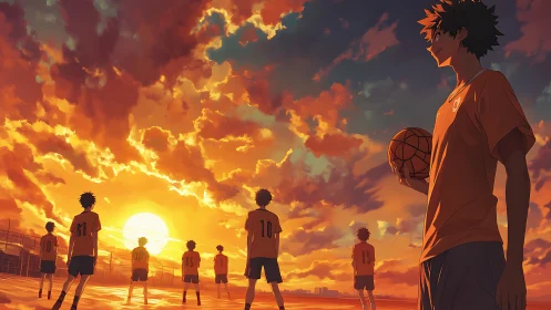 Basketball players on outdoor court under sunset sky.