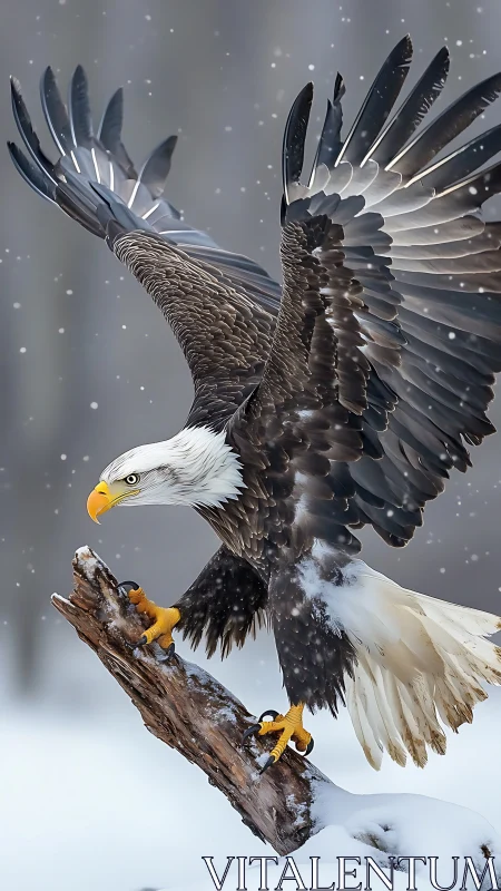 Photorealistic bald eagle landing on snowy branch in winter.