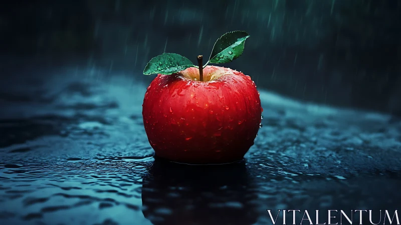 Red apple glows against stormy rain on a dark wet surface