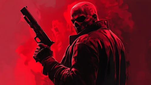 Crimson ballistic enforcer in high-contrast digital chiaroscuro.