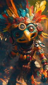 Feathered jungle trickster in radiant tribal battle regalia.