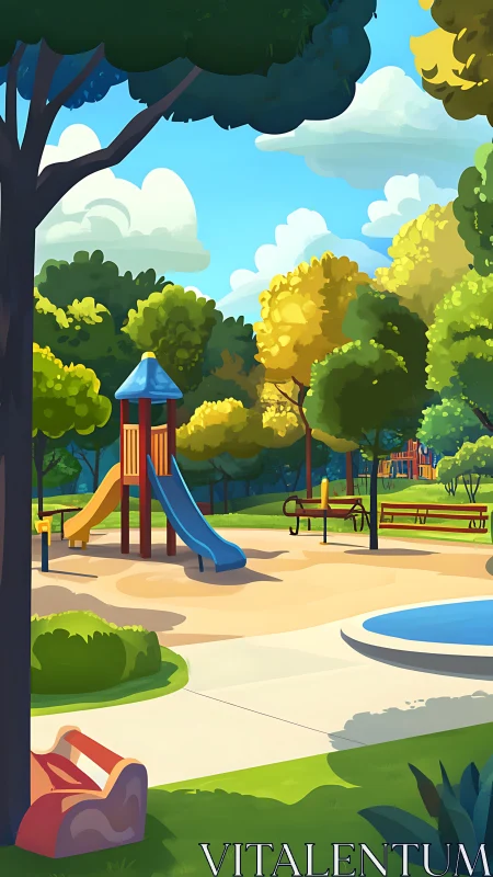 Sunlit neighborhood playground wrapped in bright greenery.