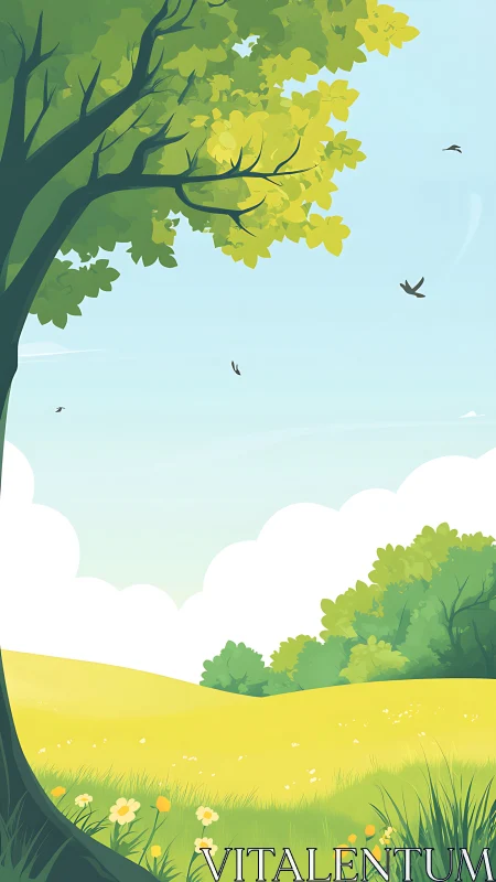 Digital pastoral landscape with tree canopy and open meadow.