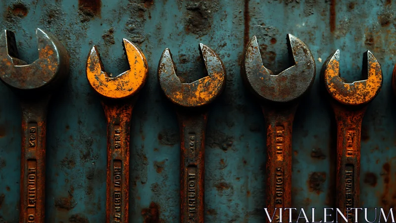 Weathered wrenches lined in warm, rusty workshop charm.