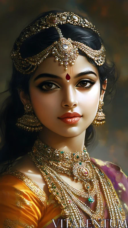 Digital portrait of jeweled South Asian bride in formal regalia.