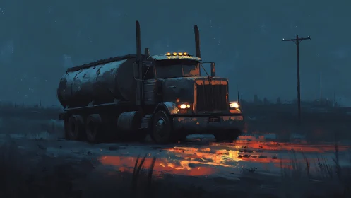 Tanker truck on wet rural road at night with reflections.