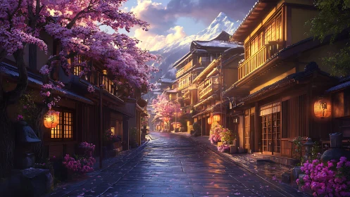 Cherry blossom street through traditional Japanese town at dusk.