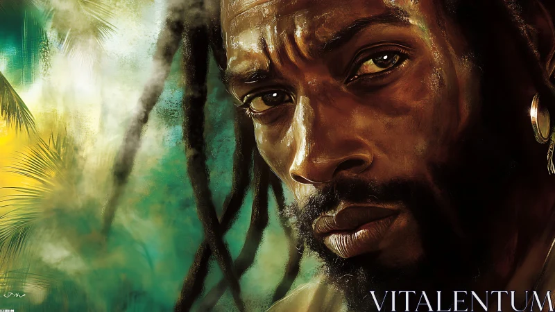 Digital painting portrait with tropical ethereal background focus.