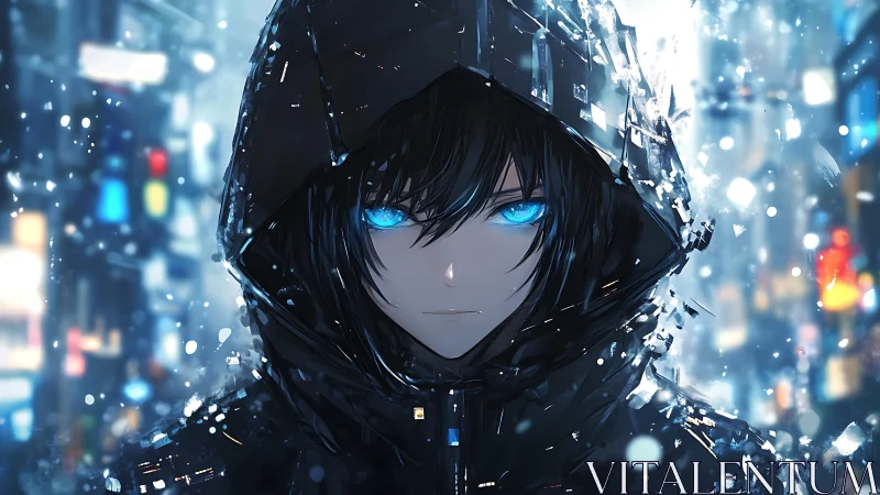 Hooded cyberpunk figure with glowing blue eyes in snowfall