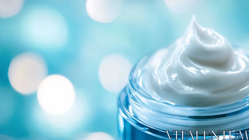 Luxurious white face cream in glass jar on cool bokeh background.