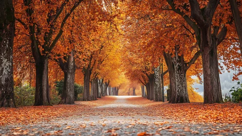 Autumn trees build a fiery tunnel of leaves over quiet road