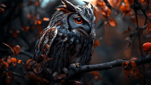 Majestic owl perched on branch in moody autumn forest art.