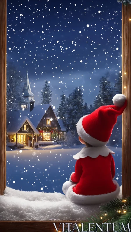 Child in red Santa outfit gazes over cozy snowy village.