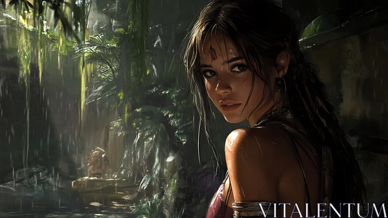 Jungle rain glows around wary relic hunter in bronze light