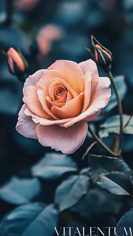 Peach Rose Bloom. Dual Tones, Soft Focus Garden Setting