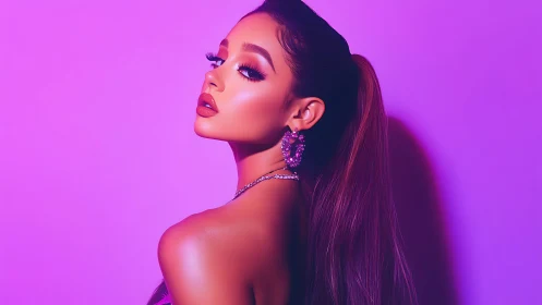 Portrait of glamorous woman in vivid magenta lighting.