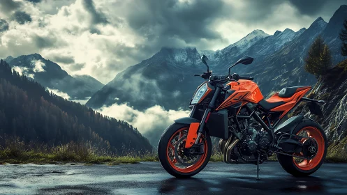 Orange sport motorcycle stands on wet mountain roadside
