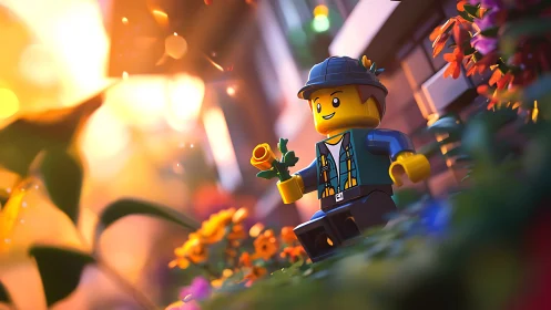 LEGO gardener strolls through glowing sunset garden scene.